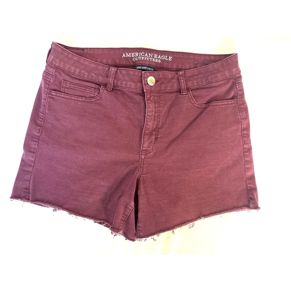 American Eagle Hi-Rise Shortie Burgundy Raw Hem Denim Shorts Size 14 Maroon